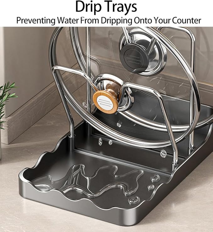 Pot lid Holder And Spoon Rest, 2 Layers Lid And Spoon Rest Pot Lid Organizer With Drip Tray, Multifunctional Utensils Pan Pot Cover Lid Rack Shelf for Pot Lids, Spatulas, Spoons (Black)