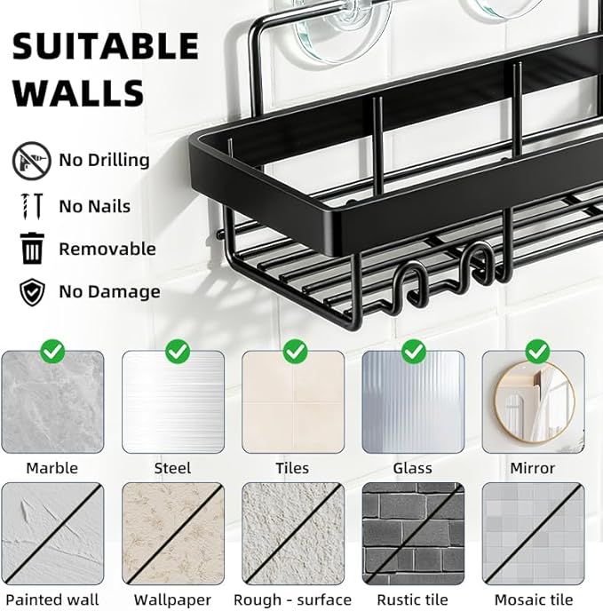 MIKEE Adhesive Shower Caddy, Rustproof Shower Organizer with Soap Holder, 6 Pack Large Capacity Shower Shelves for Inside Shower, No Drilling Bathroom Organizers and Storage, Black