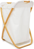 QUALIAZERO 72L Bamboo X-Frame Laundry Hamper – Foldable Single Section Clothes Basket with Removable Bag & Bottom Handle, Ideal for Bathroom, Bedroom, or Dorm (FEATHER CREAM, X-FRAME)