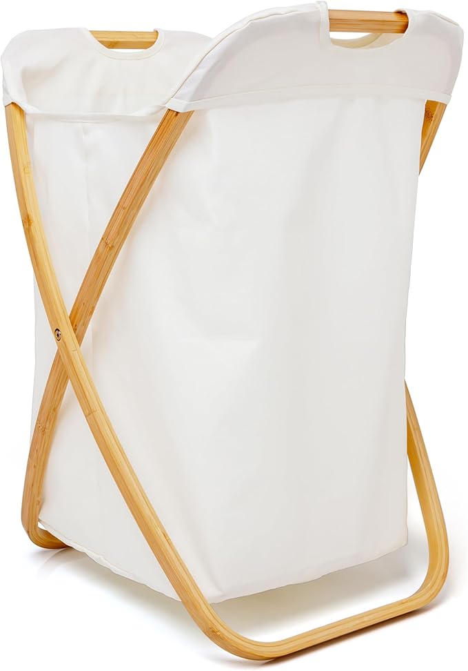 QUALIAZERO 72L Bamboo X-Frame Laundry Hamper – Foldable Single Section Clothes Basket with Removable Bag & Bottom Handle, Ideal for Bathroom, Bedroom, or Dorm (FEATHER CREAM, X-FRAME)