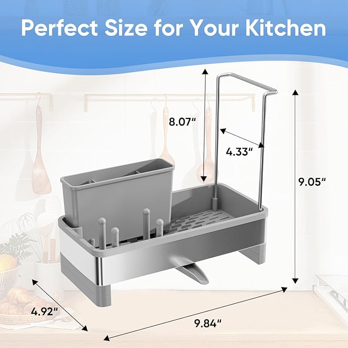 VUSIGN Sponge Holder for Kitchen Sink, Sink Caddy Organizer with Brush Holder, Rustproof Stainless, Self-Draining Sink Organizer for Countertop, Sponges, Brushes, Kitchen Decor and Accessories, Gray
