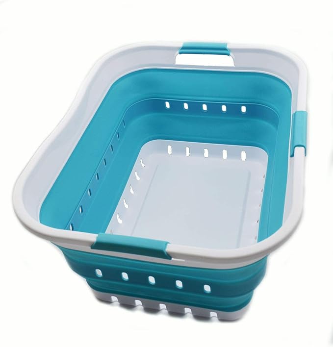 SAMMART 42L (11 gallon) Collapsible Plastic Laundry Basket - Foldable Pop Up Storage Container/Organizer - Portable Basket - Space Saving Hamper/Basket (2, White/Bright Blue)
