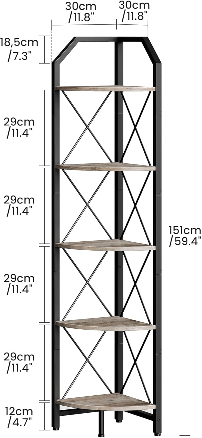 5-Tier Corner Shelf, Industrial Corner Bookshelf, 59.4" Corner Storage Stand, Plant Stand Display Shelf, Corner Bookcase for Bedroom, Living Room, Home Office, Greige and Black TCJ10BG