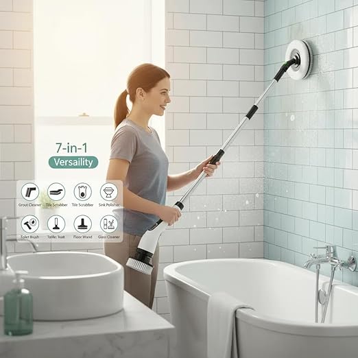 HIMAAT Cordless Electric Spin Scrubber - IPX7 Waterproof, LCD Display, 8 Brush Heads, Adjustable Extension Handle, for Shower, Bathtub, Tile, Grout, Kitchen, Bathroom Cleaning