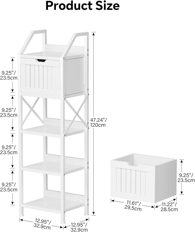 Homeiju Bathroom Floor Cabinet, 5-Tier Bathroom Storage Organizer Rack with Drawer, Multifunctional Corner Unit, 47.24 Inches in Height, White