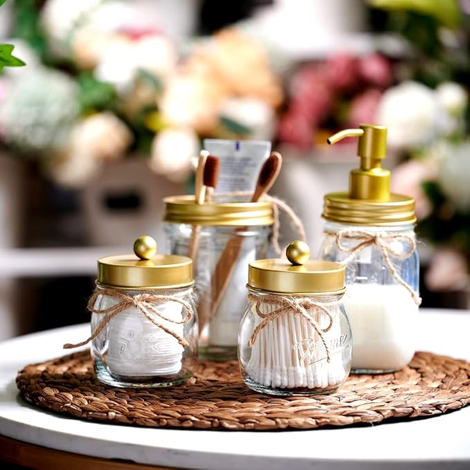Amolliar Mason Jar Bathroom Accessories Set(4 Pcs) -Lotion Soap Dispenser & 2 Cotton Swab Holder & Toothbrush Holder-Rustic Farmhouse Decor, Countertop Vanity Organize, Bathroom Home Decor (Gold)