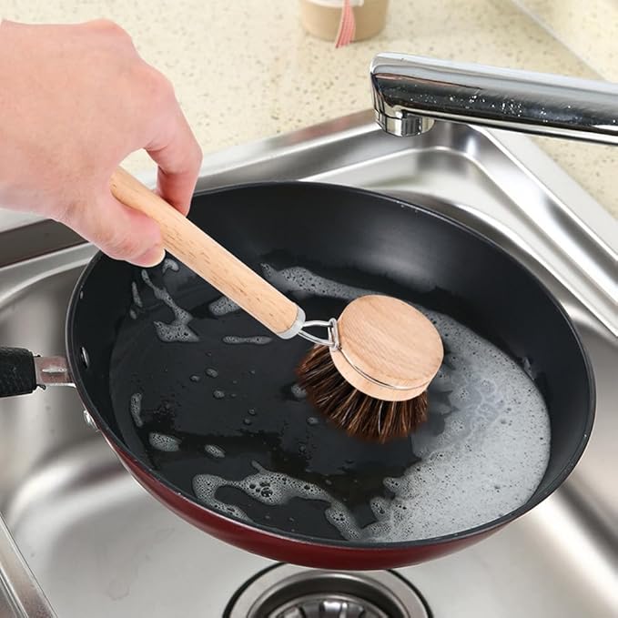 Bamboo Dish Brush Set, 1 Wooden Handle with 3 Natural Bristle Heads All Purpose Kitchen Scrub Brush with Sisal and Palm Horsehair for Cleaning Dishes Pans Vegetables(Color:Brown)