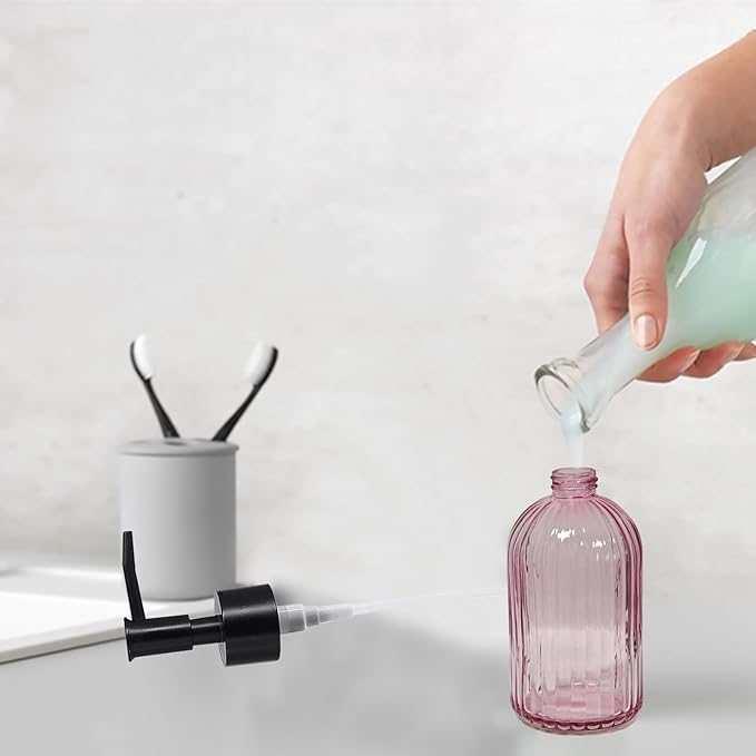 Black Pump Glass Soap Dispenser, 13.5oz Stripe Countertop Refillable Liquid Bottle Hand Dish Lotion Dispenser with Plastic Pump, for Kitchen, Bathroom Countertop