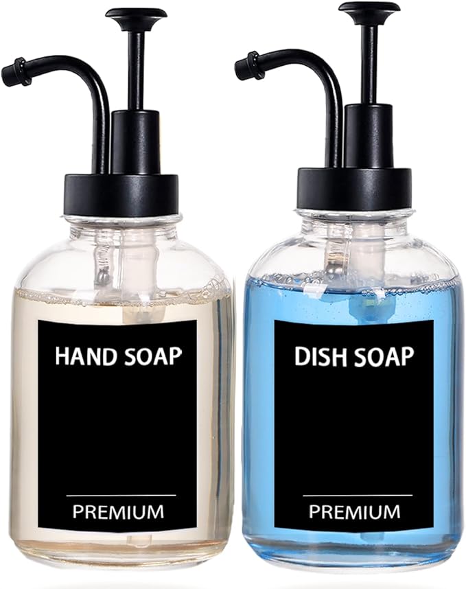 12oz Dish Soap Dispenser for Kitchen, Hand Glass Soap Dispenser Set with Pump, Tray, Funnel for Bathroom, Shower, Laundry, Liquid, Lotion (Black 2 Pack Clear Bottles with 12 Stickers)