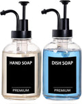 12oz Dish Soap Dispenser for Kitchen, Hand Glass Soap Dispenser Set with Pump, Tray, Funnel for Bathroom, Shower, Laundry, Liquid, Lotion (Black 2 Pack Clear Bottles with 12 Stickers)