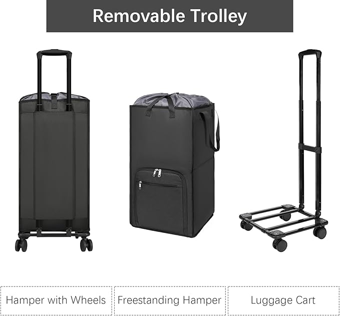 Bukere Extra Large Rolling Laundry Basket with Wheels, 90L Freestanding Collapsible Laundry Hamper Bag for Clothes Storage, Removable Wheeled Cart for College Dorm Apartment Laundry Room Bathroom