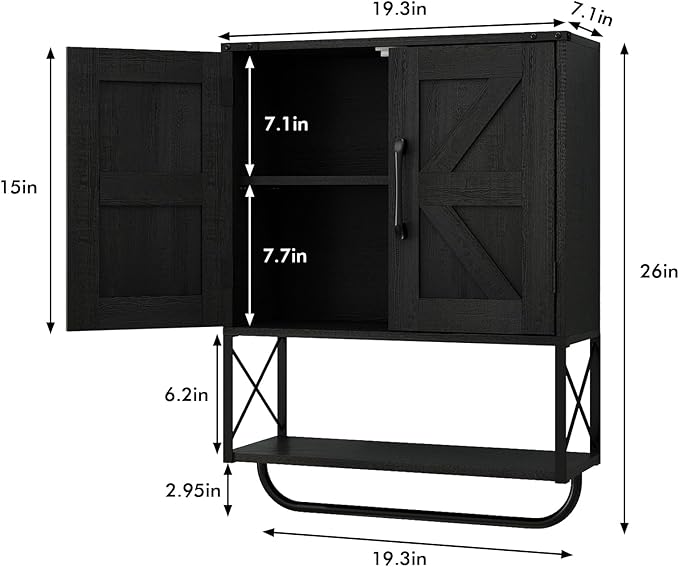RUSTOWN Farmhouse Medicine Cabinet with 2 Barn Door, Wood Wall Mounted Storage Cabinet with Adjustable Shelf and Towel Bar, 3-Tier Bathroom Cabinet for Bathroom, Living Room(Black, Medium)