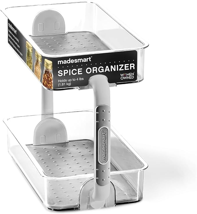 madesmart Tiered Spice Organizer, 8 Jars for Kitchen Essentials, Vertical Storage for Salt, Pepper, Cayenne, Soft-Grip Lining, Dual Handles, Grey