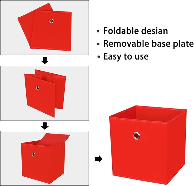 Foldable Storage Cubes Bins ,11 Inch Cloth Storage Cube Fabric Storage Box Cubes Organizer Baskets with Handles for Home Organizer Set of 3 (Red)