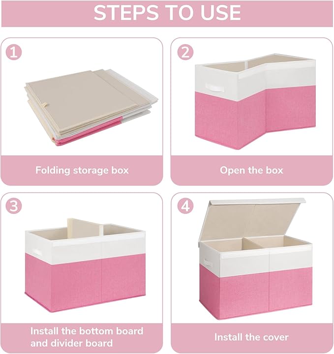 INDRESSME 25"x13"x16" Large Toy Storage Box with Lid, Collapsible Storage Organizer Baby Toy Storage for Kids Boys Girls, Toy Bin Organizer for Nursery, Bedroom, Living Room (Pink & White)