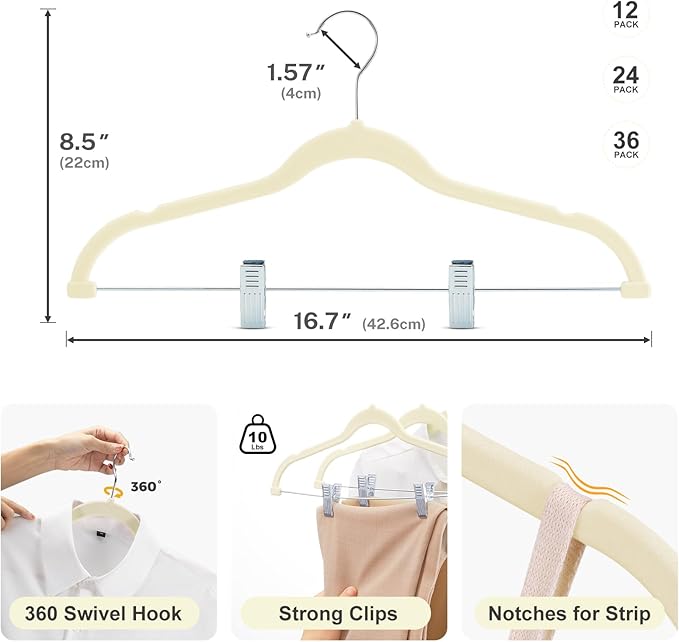 HOUSE DAY Velvet Skirt Hangers 12 Pack, Beige Velvet Pant Hangers with Adjustable Clips, Space Saving Slim Shorts Hanger, Heavy Duty Non Slip Clip Hanger for Pants, Skirts, Shorts
