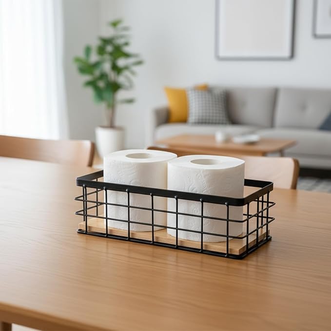 2 Pack Black Metal Wire Storage Baskets with Wood Bottoms, Bathroom Storage Organizer Basket Bins, Includes 2 Bonus Adhesive Hooks for Easy Wall Mounting