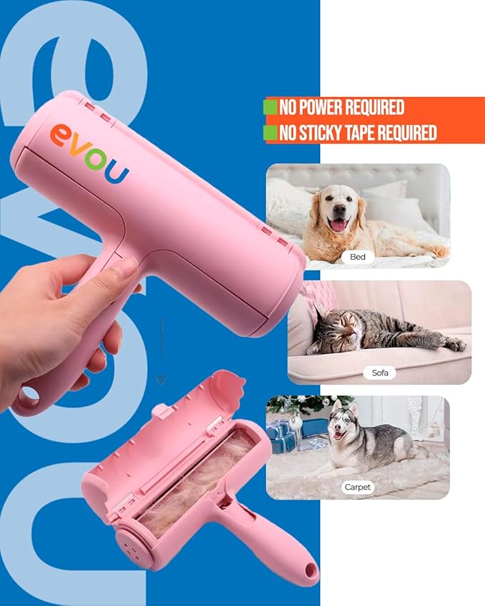 Evou Pet Hair Remover (Cat and Dog), Reusable Lint Roller for Furniture, Couch, Carpet, Car, Clothing and Bedding, Portable, Multi-Surface Fur Removal Tool (White)