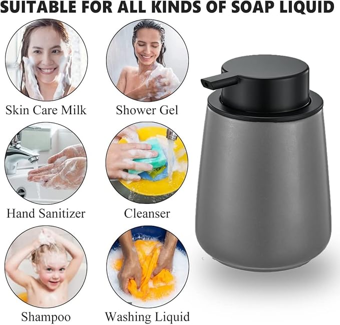 12Oz Grey Foaming Soap Dispenser - Ceramic Foam Hand Soap Dispenser Set with Easy-to-Press Pump, Refillable Liquid Dish Soap Dispensers for Bathroom and Kitchen, 2 Pack