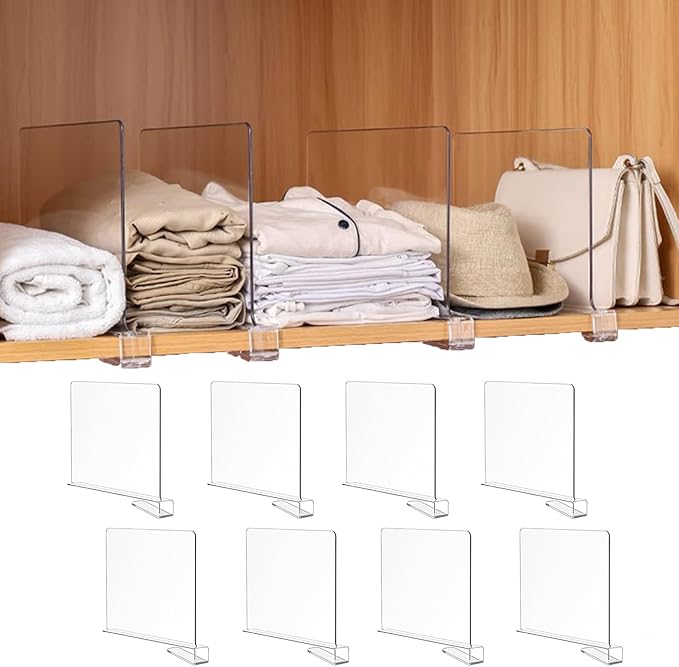 FQDAYANM Adjustable Closet Shelf Dividers 8 Pack - Acrylic Vertical Organizer for Cabinets, Kitchen, Pantry (Clear)