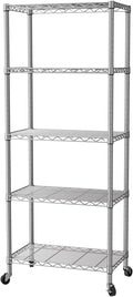 SINGAYE 5 Shelf Storage Wire Shelves Closet Bathroom Organizers Metal Pantry Kitchen Garage Shelving Unit Laundry Room Organization Home Narrow Rack Net Basket with Wheels White