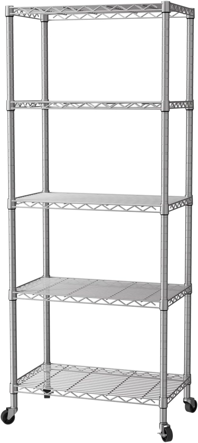 SINGAYE 5 Shelf Storage Wire Shelves Closet Bathroom Organizers Metal Pantry Kitchen Garage Shelving Unit Laundry Room Organization Home Narrow Rack Net Basket with Wheels White
