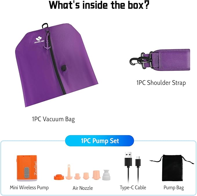 Zurligi Vacuum Bags with Pump for Travel – IPX8 Waterproof Reusable Carry-On Compression Bags for Clothes, Suitcase & Luggage(1-Pack, Purple)