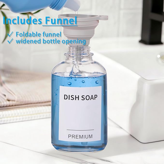 12oz Dish Soap Dispenser for Kitchen, Hand Glass Soap Dispenser Set with Pump, Tray, Funnel for Bathroom, Shower, Laundry, Liquid, Lotion (Silver 2 Pack Clear Bottles with 12 Stickers)