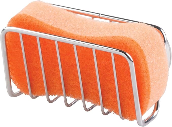 mDesign Metal Sponge Holder for Kitchen Sink with Suction Cups - Small Holder for Sponges in the Kitchen or Soap Holder in the Bathroom - Quick Drying Open Wire Basket - Ronde Collection - Chrome