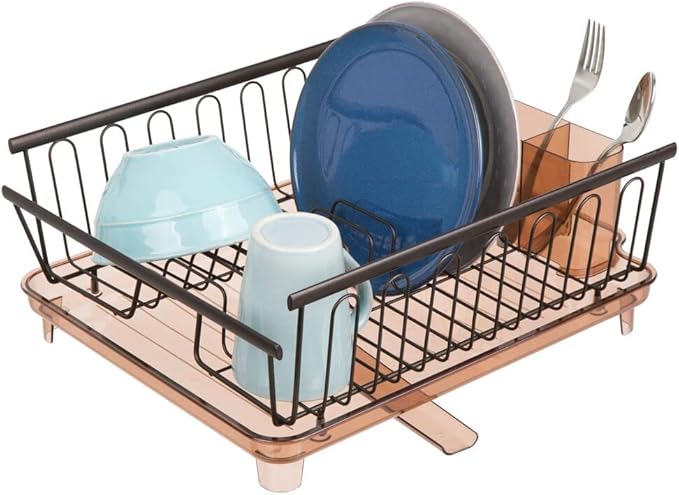 mDesign Large Modern Kitchen Countertop, Sink Dish Drying Rack - Removable Cutlery Tray and Drainboard with Adjustable Swivel Spout - 3 Pieces, Bronze/Brown Cutlery Caddy and Drainboard