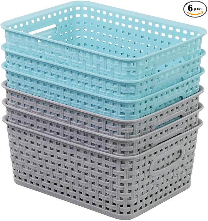 6-Pack Plastic Weave Rattan Basket Bin for Storage, Small Baskets