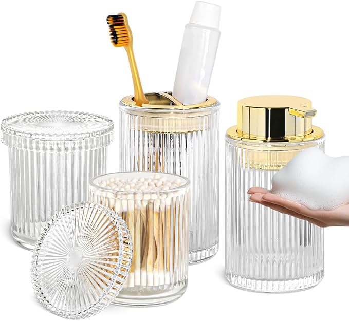 Clear Glass Bathroom Accessories, 4 Pcs Bathroom Sets Complete, Foaming Soap Dispenser,Toothbrush Holder and Qtip Holder Set,Modern Ribbed Vanity Countertop Organizer for Decor