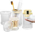 Clear Glass Bathroom Accessories, 4 Pcs Bathroom Sets Complete, Foaming Soap Dispenser,Toothbrush Holder and Qtip Holder Set,Modern Ribbed Vanity Countertop Organizer for Decor