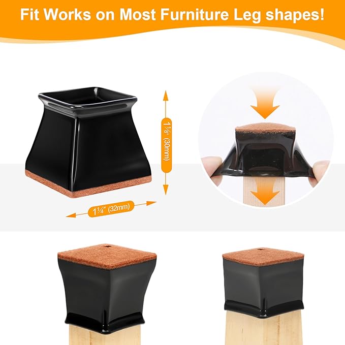CHUNZEXI 24 Pack Square Chair Leg Floor Protectors for Hardwood Floors, Silicone Felt Covers Pads Caps, Protect Wood Furniture Feet Floors Noise Reduce and Scratch (Square Small & Black)