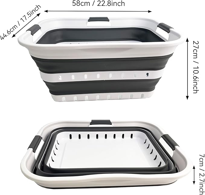 SAMMART Collapsible Plastic Rectangular Laundry Basket - Foldable Pop Up Storage Container/Organizer - Portable Laundry Hamper - Space Saving (White/Steel Grey, 42L)