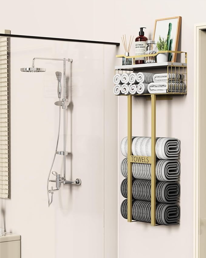 Towel Racks for Bathroom - Wall Mounted Metal Rack with Wood Plank, Bathroom Storage Organizer, Towel Holder Stores 6 Large Rolled Towels Easily, Gold and Size XL 31"