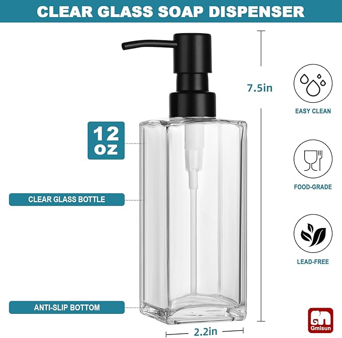 GMISUN Glass Soap Dispenser with Stainless Steel Pump, Clear Hand Soap Dispenser for Bathroom, 12 fl oz/350ml Refillable Dish Dispenser for Kitchen, Modern Liquid Soap and Lotion Bottle for Countertop