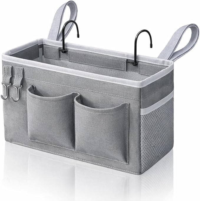 Kanrichu 1pcs Bedside Caddy Hanging Storage Bag, Organizer Baskets with Pockets for Bunk Bed Accessories, Loft & Dorm Rooms Chair Bed Rails (Grey-1pcs)