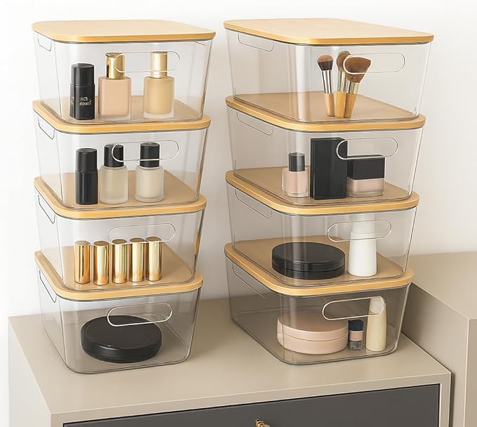 6 Pack Clear Storage Bins with Bamboo Lids, Stackable Organization and Storage Containers with Handle for Pantry, Cabinet, Closet, Fridge, Bathroom, Organizer Bins for Home & Kitchen