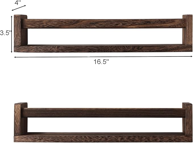 Nursery Book Shelves, Set of 2 Wood Floating Book Shelves for Kids Room, Kitchen Spice Rack, or Rustic Wall Mounted Shelves for Farmhouse Bathroom Décor (Carbon Brown)