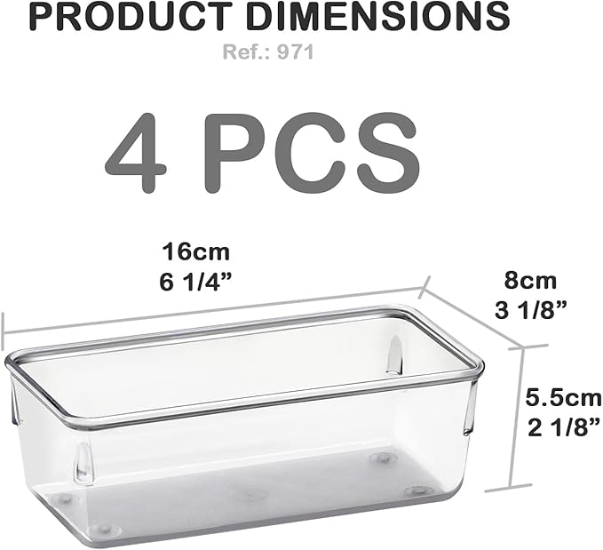 Acrimet Drawer Organizer Modular, Box Tray Storage Bins for Office, Home, Makeup, Kitchen, Junk Drawer (4 Pieces) (Clear Crystal Plastic)