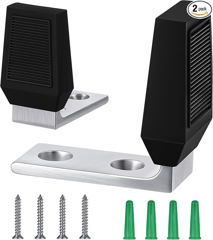 Moxweyeni 2 Pack Floor Door Stop Angle Door Stopper Floor Mounted Heavy Duty Base Fits Doors with up to 2" Gap Comes with Rubber Bumper Stainless Steel Screws Suitable for Wood Concrete Floors(Black)
