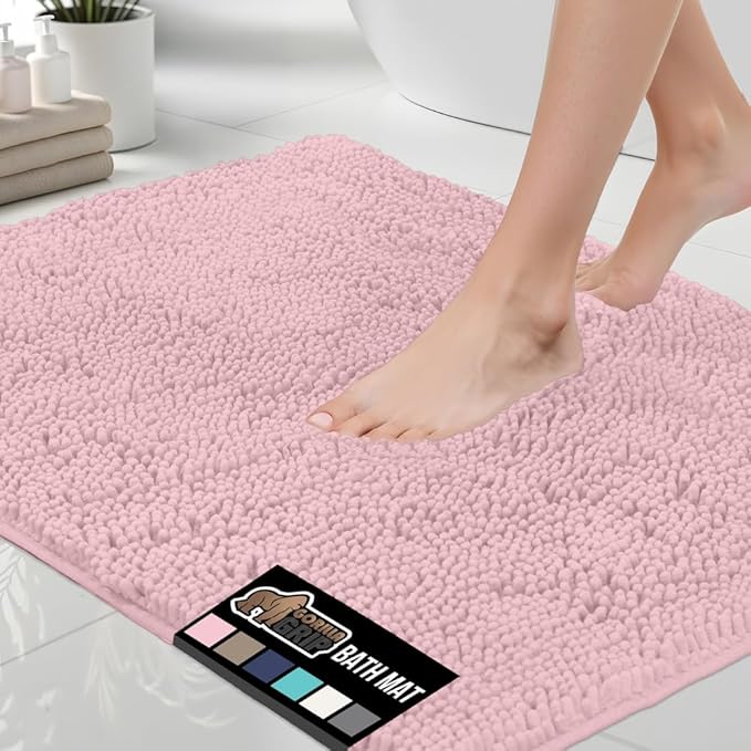 GORILLA GRIP Bath Rug Mat 30x20, Thick Soft Absorbent Chenille, Quick Dry Microfiber Mats, Rubber Backing Washable Shower Floor Rugs, US Designed Bathroom Bathmat Home Decor Accessories, Light Pink