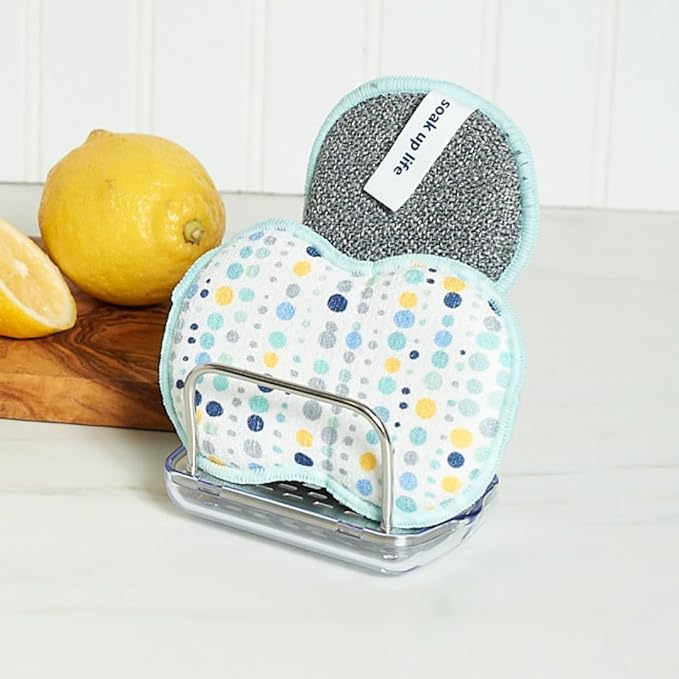 Sponge Set in Dot Blue, 6 Pack Super Absorbent Washable Reusable Cleaning Sponges Made from Recycled Materials, Durable Eco Friendly Kitchen Sponges