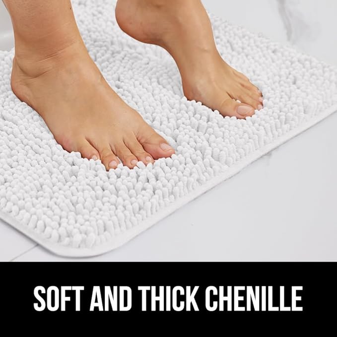 GORILLA GRIP Plush Absorbent Shaggy Chenille Bath Rug Mat for Square Toilet Base with Rubber Backing, Machine Washable Rugs, Soft Microfiber Contour Mats for Toilets, Bathroom Decor, White