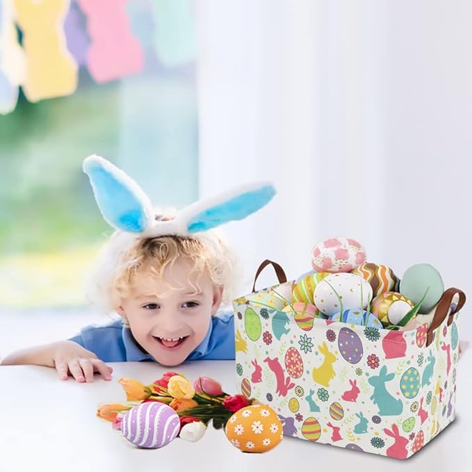 CLOCOR Easter Eggs Basket Empty with Colorful Eggs-pattern,Rectangular Easter Gift Basket with Handles for Boys and Girls,Toys Bin,Room Decor(Easter Eggs Basket)