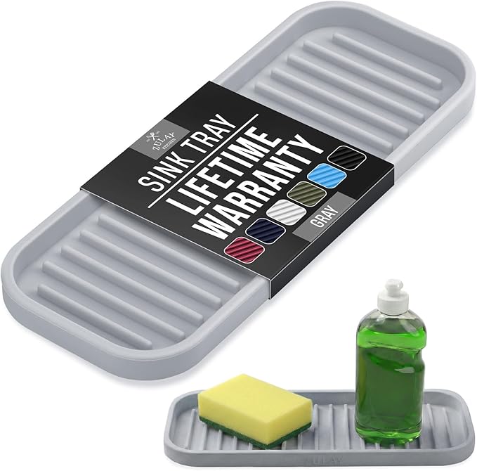 Zulay Kitchen (9x3.5in) Sponge Holder for Kitchen Sink - Flexible Heavy-Duty Multipurpose Sink Caddy - Counter Organizer for Kitchen, Bathroom, Makeup, Trinkets & More! (Grey)