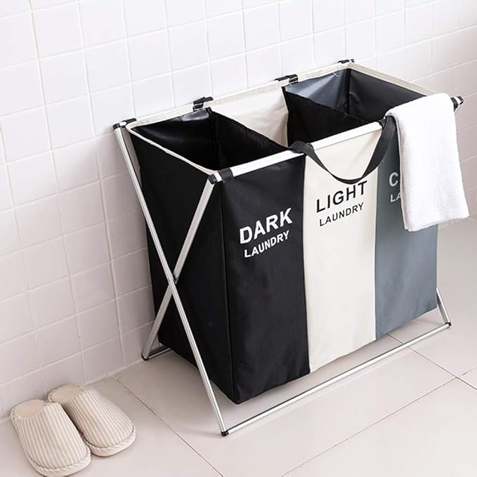 Nicesail 3 Section Laundry Basket Printed Dark Light Color, Foldable Hamper/Sorter with Waterproof Oxford Bags and Aluminum Frame, Washing Clothes Storage for Home, Dormitary Multicolored