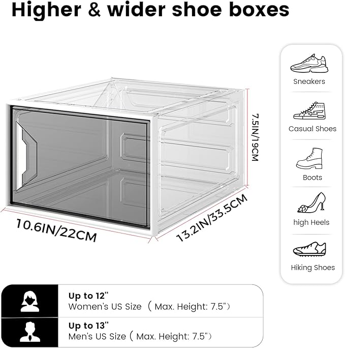 XL Large Stackable Shoe Boxes - Clear Plastic Shoe Storage Boxes with Magnetic Door, Thicken Shoe Organizer for Closet, Space Saving Foldable Shoe Containers Bins for Sneaker Boot - 6 Pack(White)