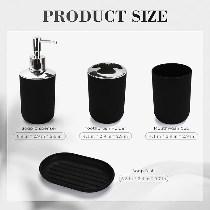 4 Pcs Bathroom Accessories Set,Bohemian Bathroom Toothbrush Holder Set.Include Soap Dispenser, Soap Dish, Toothbrush Holder, Mouthwash Cup, Modern Bahtroom Decor Set (Black, 4Pcs)